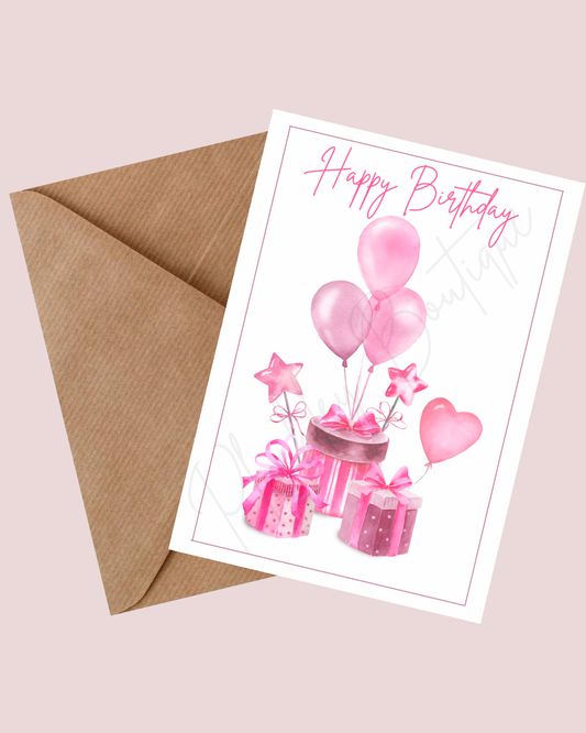 Pink Presents Happy Birthday Card